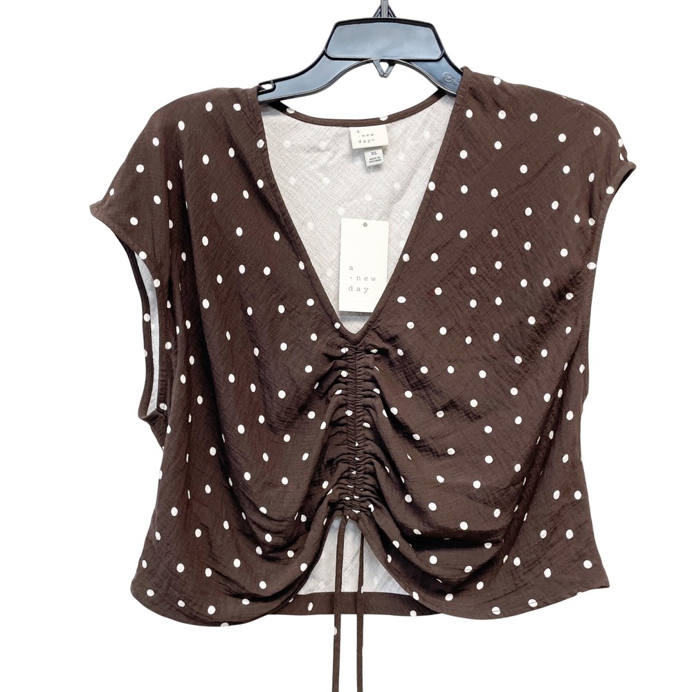 A New Day Women's Brown Polka Dot Ruched V-Neck Blouse Top Size XL